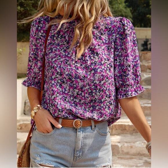 Floral Print Short Sleeve Blouse| Mock Neck with Ruffles - Picture 1 of 7